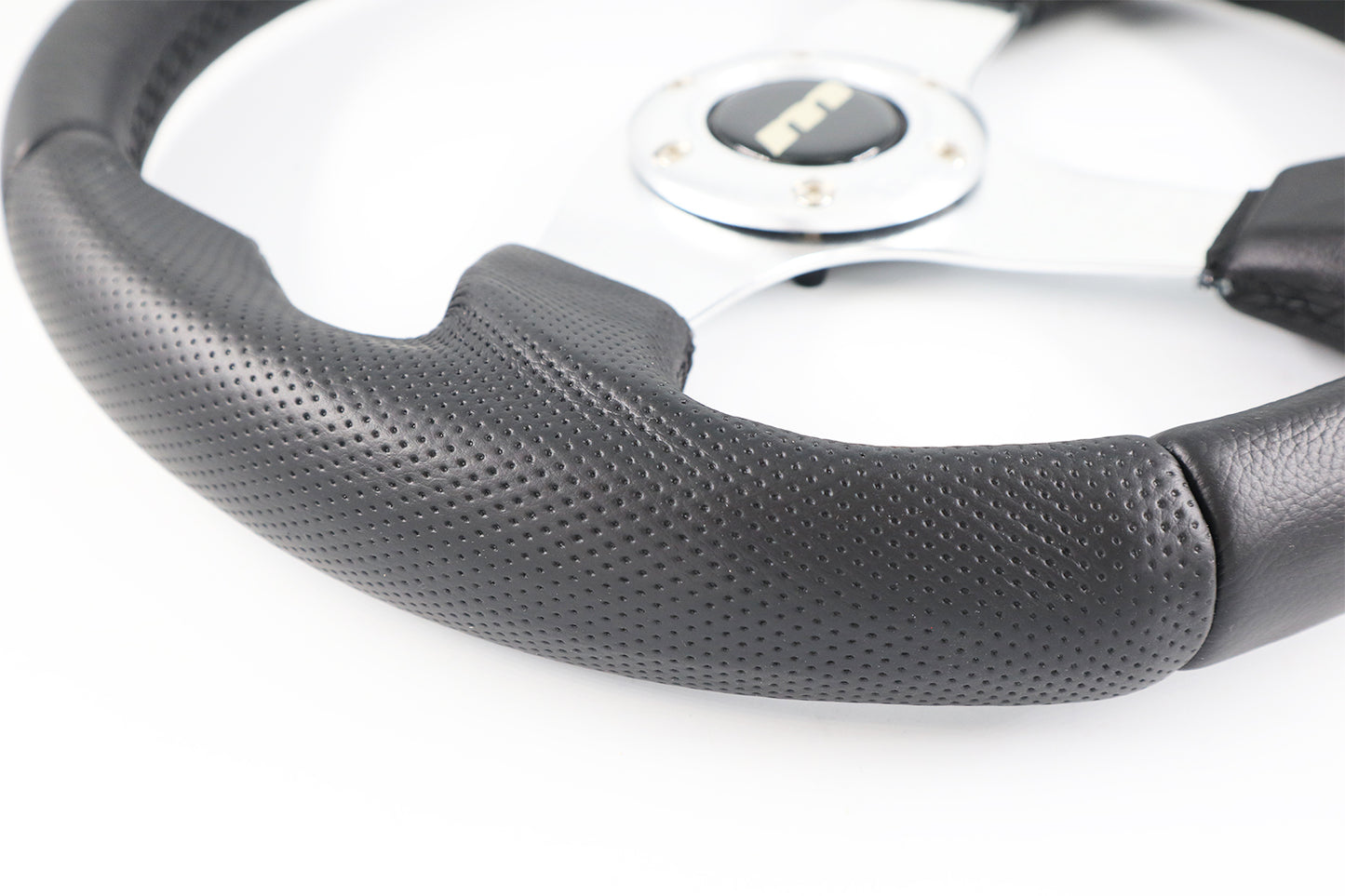 340mm Leather 3 Spoke Sports Steering Wheel M Range - Silver Centre