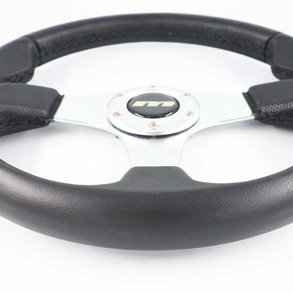 
                  
                    340mm Leather 3 Spoke Sports Steering Wheel M Range - Silver Centre
                  
                
