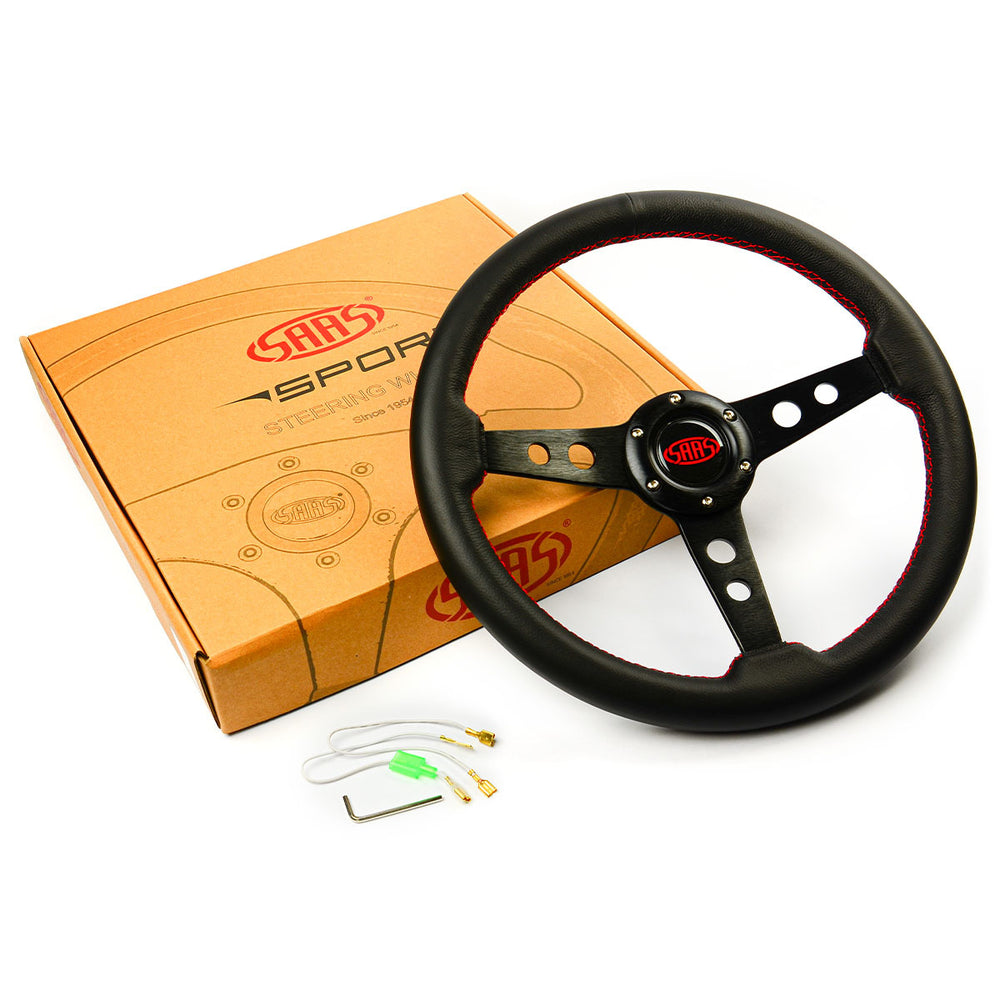 
                  
                    Steering Wheel - Leather 14" ADR Retro Black Spokes, Red Stitching - SAAS
                  
                